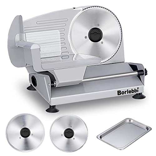 Meat Slicer, 200W Electric Food Slicer with Two Removable 7.5"Stainless Steel Blades&One Stainless Steel Tray, Child Lock Protection, Adjustable Thick