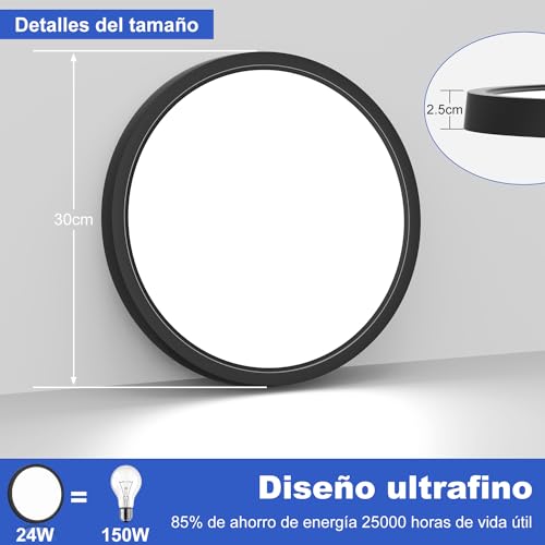 30 cm Lampara de Techo LED, 24W Redonda Plafon Modernas de 3000 k a 6500 k,Temperatura de Color Ajustable, Lámpara para Baño Techo Impermeable para Pasillo/Armario/Baño/Sala