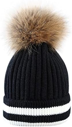 Sopety Fashion Outdoor Winter Hat Hair Ball Stripe Knitted Hat Women Hat Beanies Cap