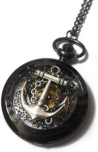 Anchor Black Pocket Watch Necklace Chain Pendant - Silver Anchor Steampunk Retro Black Pocketwatch Charm