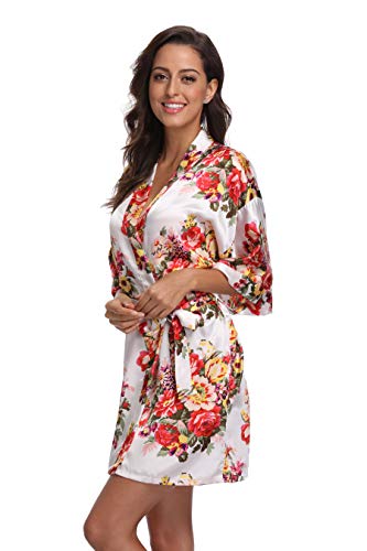 White Robes for Bride Women's Floral Satin Robe Short Silk Lightweight Bridal Kimono Bathrobe Sleepwear, M