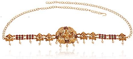 Sonal Fashion Jewellery Gold Plated Emerald & Ruby Goddess Lakshmi with Pearl Temple Traditional Kamarband/Waist Chain/Hip Chain for Women (SFJ410)