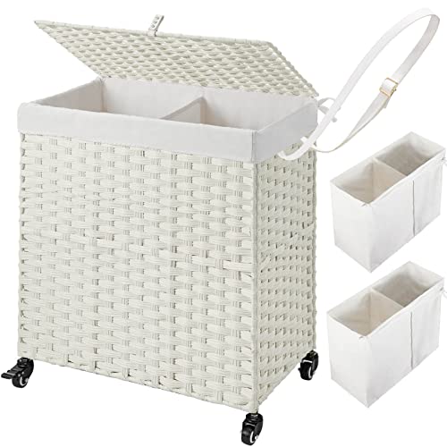 Greenstell Laundry Hamper with Wheels, No Install Needed, 110L Divided Handwove…