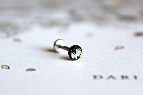 18g or 16g: Opalescent Black Internally Threaded Labret Stud Earring; 1.5mm, 2mm, 2.5mm, 3mm, 4mm, 5mm Gem Sizes; 5/32" (4mm), 1/4" (6mm), 5/16" (8mm), 3/8" (10mm), 15/32" (12mm) Lengths
