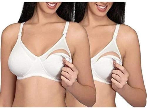 Present Cotton Maternity Breastfeeding Maternity Wirefree 100% Cotton Fabric Bra for Women's Combo (Pack of 2) B - Cup (White) (38)