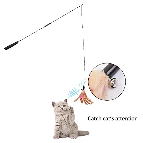 Feather Teaser Cat Toy, 1PCS Retractable Cat Wand Toys and 5PCS Replacement Teaser with Bell Refills, Interactive Catcher Teaser and Funny Exercise for Kitten or Cats.