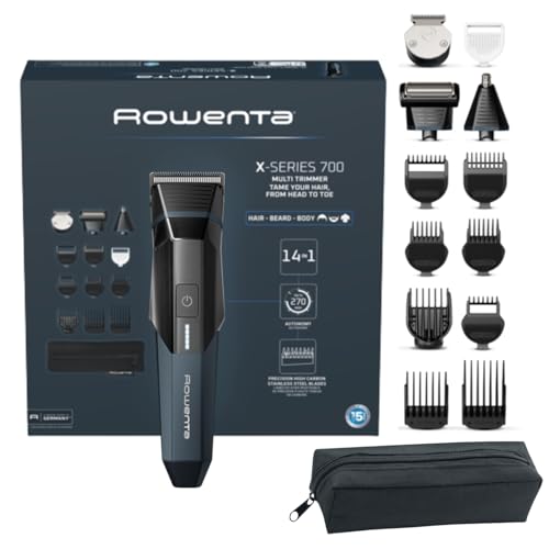 X Series 700, Regolabarba Multifunzione con 14 Accessori Inclusi per Capelli, Barba e Corpo, Lame Autoaffilanti in Acciaio Inox, Impermeabile, Autonomia Fino a 270 Min, TN9650E0, Nero/Trust