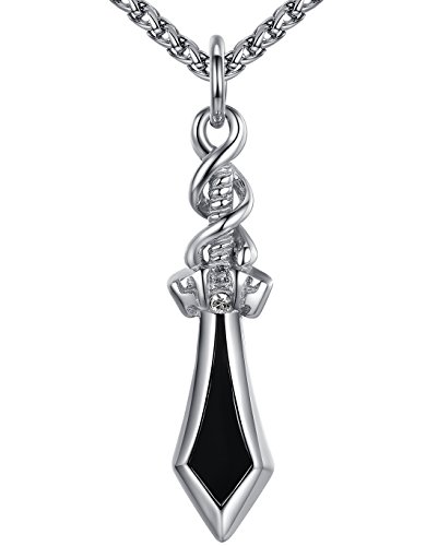 Mens-Stainless-Steel-Black-Enamel-Sword-Biker-Pendant-Necklace-24-Link-Chain-hhp040he