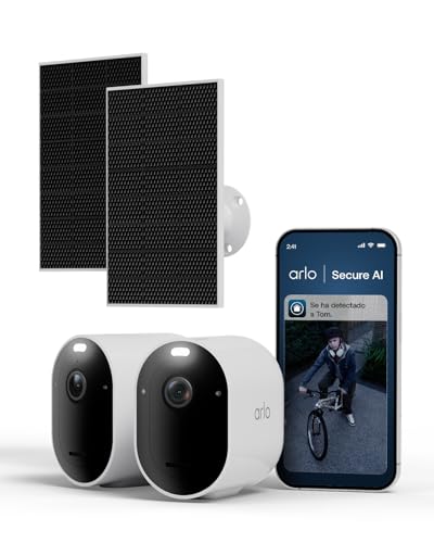 Pro 6, Cámara de Vigilancia Exterior WiFi 2K+ HDR, Reconocimiento de IA, Visión Nocturna Color, Funciona con Alexa, Prueba Arlo Secure, 2 Cámaras + 2 Paneles Solares