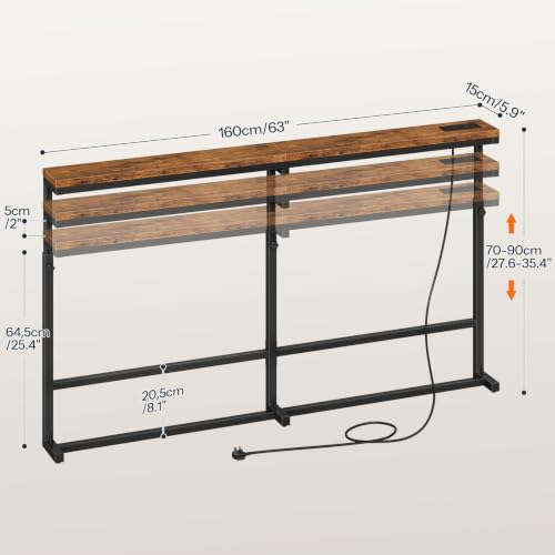 HOOBRO 160 cm Slim Console Table with Charging Station, Height Adjustable | Behind Sofa Table with Power Outlet, Long Hallway Table for Entryway, Living Room, Rustic Brown and Black EBF167KXG01