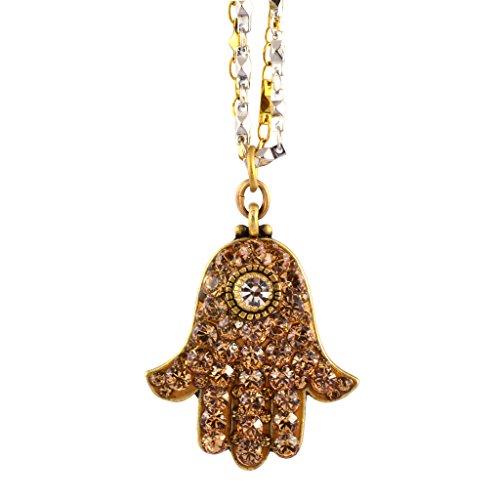 Michal Golan Large Crystal Hamsa Hand Necklace With 2 Tone Double Chain, Goldtone/Clear 18+4"