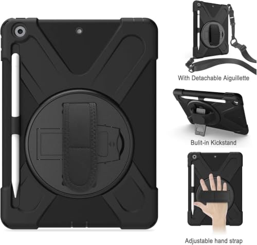 Gerutek Shockproof Case for iPad 9th/8th/7th Generation, 10.2 Inch, Rugged Armor Case with Rotating Stand, Hand Strap & Shoulder Strap, Pen Holder, Sleeve for iPad 10.2 Inch (2021/2020/2019), Black