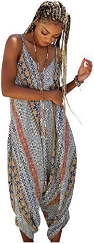 Daughters of Culture Women's Jumpsuit, Bohemian Loose Harem Casual Sleeveless V-Neck Wide Leg Long Pant, One Size 0-14
