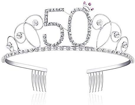 Veewon 50th Birthday Tiara Crown Crystal Princess Crowns Happy Birthday Hair Accessories, Silver
