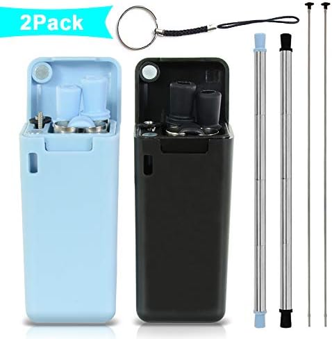 WHX Collapsible Reusable Straws Stainless Steel Metal Drinking Straw Food Grade Silicone Portable Pocket Straw – Black & Blue