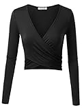 KIRA Women's Deep V Neck Long Sleeve Unique Slim Fit Coss Wrap Shirts Crop Tops