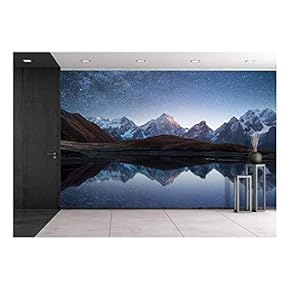 Night Sky with Stars and The Milky Way Over a Mountain Lake. Collage of Two Frames. Art Processing Photos - Removable Wall Mural | Self-Adhesive Large Wallpaper - 66x96 inches