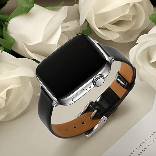 GONWEN Slim & Thin Leather Bands Compatible with Apple Watch Band 38mm 40mm 42mm 44mm, Top Grain Genuine Leather Band Replacement Wristband Strap for iWatch SE Series 6/5/4/3/2/1 (Bright Black/Silver, 38mm-40mm)