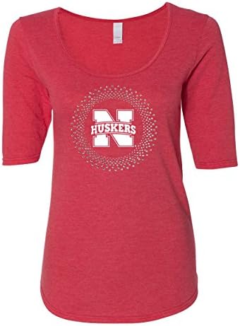 Women's Nebraska HUSKERS Circle Burst Rhinestones 1/2 Sleeve Scoop Neck Tri-Blend Premium Top - Heather Red - Large