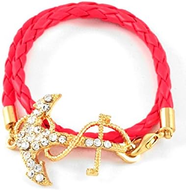 Uniklook Braided Leather Like Gold Rhinestone Anchor Closure Bracelet Fashion Nautical Jewelry (Coral)