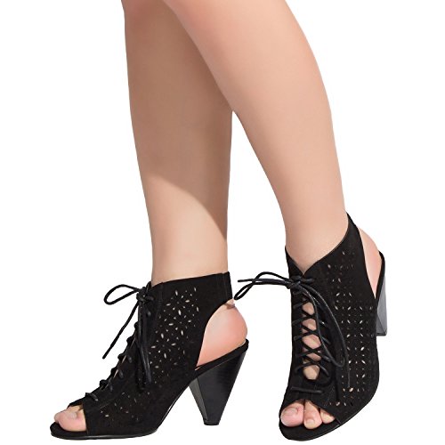 Women's Wide Width Heeled Sandals - Lace up Open Toe Elastic Ankle Strap Suede Boots Shoes.(Black,180327,Size7)