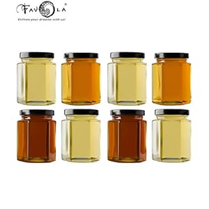 Favola Essentials Hexagonal Lug Glass Jar, Black Lid, 250 ml, Set of 8, Clear