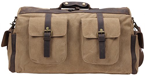 Iblue Oversized Leather Canvas Carry on Duffle Bag Large Tote Luggage Handbag 21.6 Inch #2858 (XL, khaki)