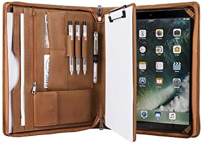 Logo/Initials/Full Name Engraved Portfolio Padfolio Case for iPad Pro 12.9, Handmade A4 Size Personalised Genuine Leather Conference Folder Zipped,Custom Gift for Men,Black