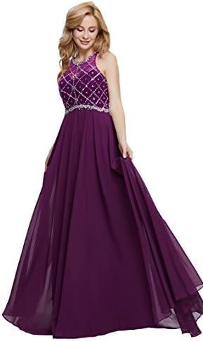 Firose Women's Long Prom Dresses 2019 Scoop Neckline Beaded A Line Formal Dress
