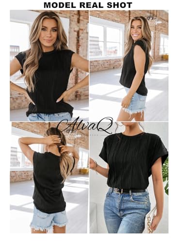 ALVAQ T SHIRTS FOR WOMEN 2024 SUMMER SHORT SLEEVE TOPS CAUSAL CREWNECK BASIC TEES TEXTURED BLOUSES PLUS SIZE BLACK XX-LARGE