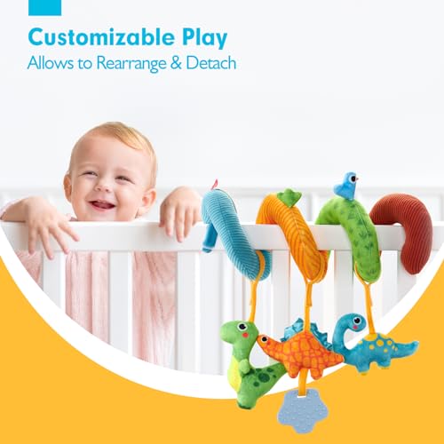 hahaland Prams Toys Babies 0 3 6 Months, Spiral Baby Carriage Hanging Toys Babies 6-12 Months, Plush Dinosaurs with Sounds Interactive Gifts for Baby
