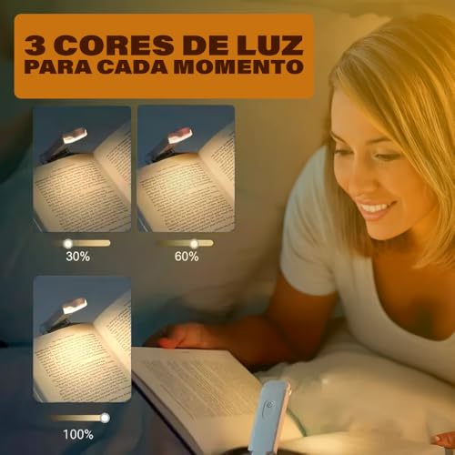 Luz de Leitura Para Livro Luminária de Livros - LED Quente Neutra Fria - Nível de Iluminação Ajustável - Ideal para Estudar ou Ler a Noite - Recarregável USB