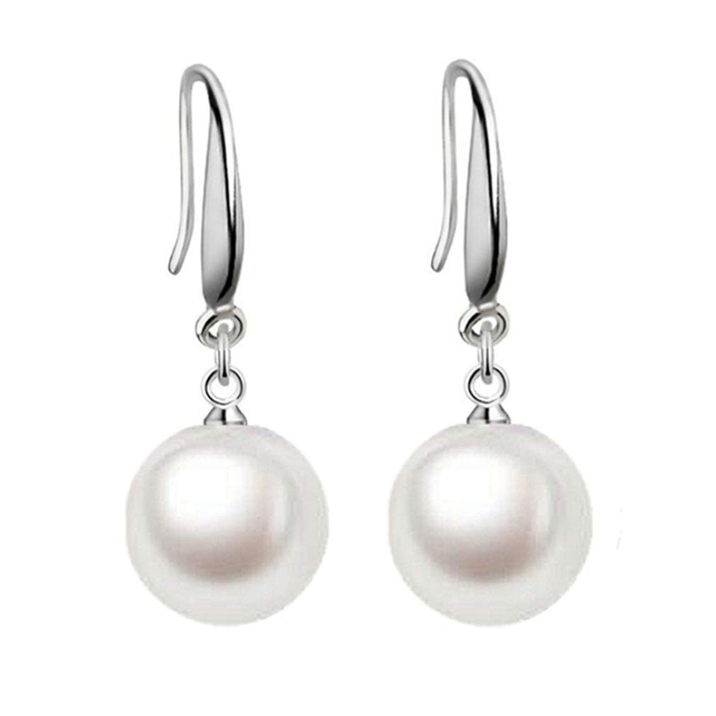 YAXUN 925 Sterling Silver Pearl Earrings For Women - 12mm Round White Pearl Dangle Drop Hook Earrings Fashion Jewellery Gifts For Ladies and Girls