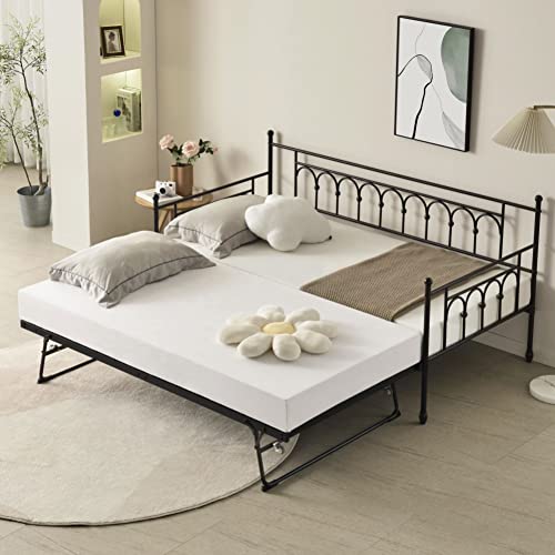 FULLJOJOR Daybed with Pop Up Trundle, Metal Daybed with Trundle, Day