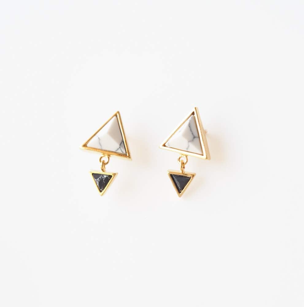MJLULUWhite and Black Simulated Howlite Double Triangle Minimal Dangle Stud Earrings
