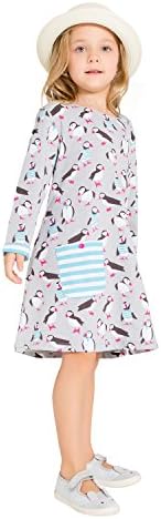 Girls Cotton Long Sleeve Dresses Dress Cute Cartoon Dresses(Penguin &amp; Gray,4-5Yrs)
