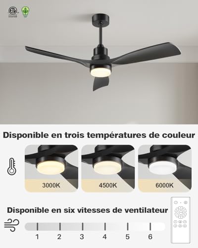 Forrovenco Ceiling Fan with Light and Remote Control, 52 Inch DC Motor Silent Reversible 3 Blades 6 Speeds Modern for Bedroom Living Room Patio Outdoor/Indoor 52" Black