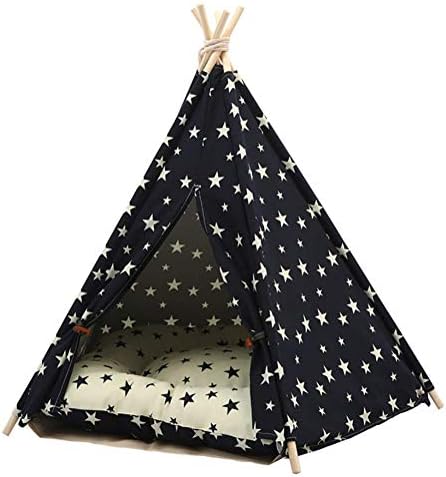 MEIQI Pet Dog Teepee Tent with Cushion for Dogs Cats Foldable Portable Cotton Canvas Pet Bed House for Rabbit Puppy