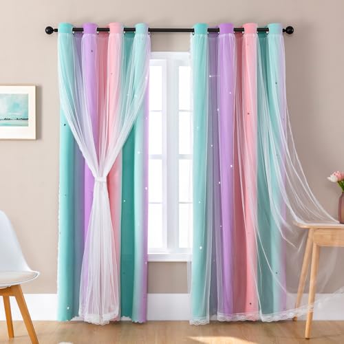 Verdunklungsvorhang für Schlafzimmer Doppellagig 86 x 200 cm aus Polyester mit Voile Sternen-Design Schiebetür Mehrfarbig Pink PurpleGreen/86/200
