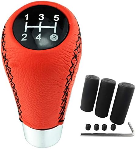 Arenbel レザースティック シフトノブ 5速 カーギア シフトシフター レバー アダプター ヘッド ほとんどのマニュアル車にフィット レッドレザー