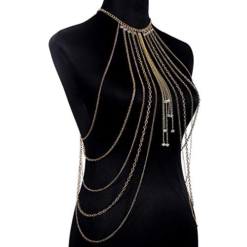Body Chain Layered Sexy Gold Tassels Necklace Fashion Jewelry Belly Waist Bra Hot Bikini Beach Harness Birthday Anniversary Festival Gift for Women Lady Girls