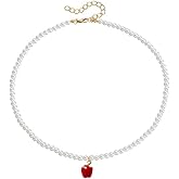 Red Apple Pearl Choker Necklace For Women Gold Sweet Adorrable Pearls Beaded Clavicle Chain Necklaces Lovely Handmade Green Leaf Pendant Fresh Cute Tropical Fruit Charm Summer Holiday Jewelry Gifts