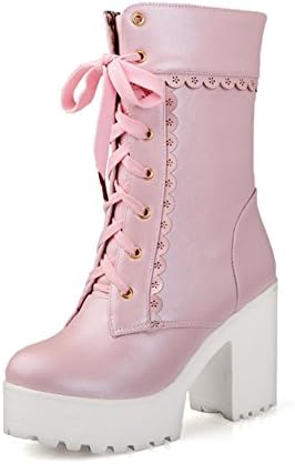 VASHOP Women's Lolita Round Toe Block Heel Cleated Sole Platform Lace Up Padded Ankle Boots,Pink/7