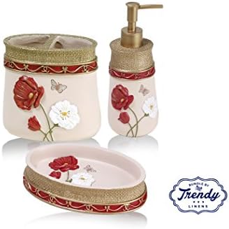 Designer 3-Piece Ceramic Bath Accessory Set | Includes Liquid Soap or Lotion Dispenser w/ Toothbrush Holder and Soap Dish | Poppy Field 3 Piece Bathroom Accessory Set