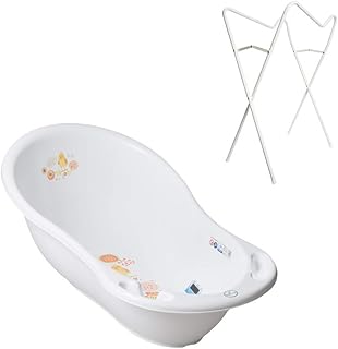 Tega Baby ® ergonomische Badewanne 86cm SET 3-teilig mit faltbarem Gestell + Stöpsel zum Wasserablassen Abfluss und Thermometer Babybadewanne 0-12 Monate, Motiv:Folk - weiß, Ständer:Weiß