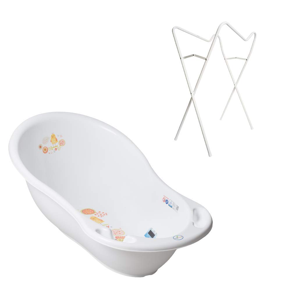 Tega Baby ® ergonomische Badewanne 86cm SET 3-teilig mit faltbarem Gestell + Stöpsel zum Wasserablassen Abfluss und Thermometer Babybadewanne 0-12 Monate, Motiv:Folk - weiß, Ständer:Weiß