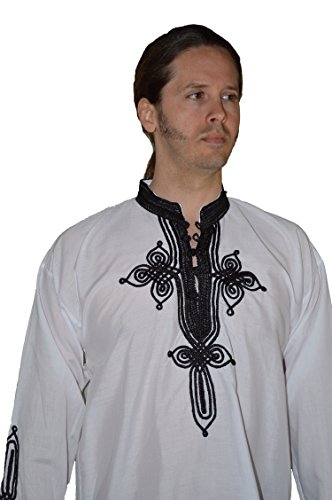Marrakesh Men Tunic Caftan With White Tread Embroidery Breathable X-large White&Black - Image 3