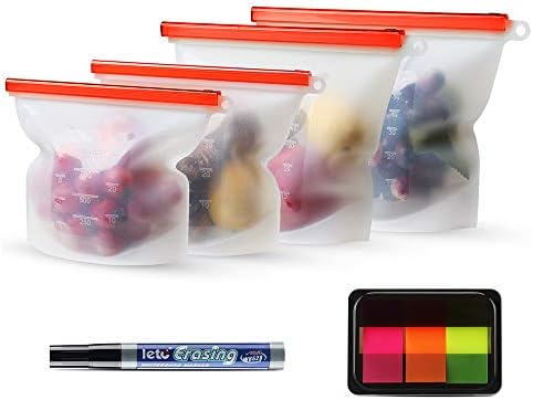 Reusable Silicone Food Bag 4 Set-Meckily Silicone Storage Bags ideal for Sandwich,Food Snacks,Sous Vide Cooking,Liquid,Fruit,Travel Storage-FDA Grade(2Large&2Medium)
