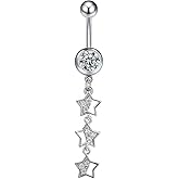 Zynova 14G Surgical Steel Star Dangle Belly Button Ring for Women Dangling Rhinestone Hollow Stars Belly Navel Rings Navel Piercing Barbell Body Piercing Jewelry