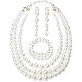 Aimimier 1920s Faux Pearl Necklace & Earrings Set - 3-Strand, Red Crystal, Rhinestone, Gatsby Party Jewelry